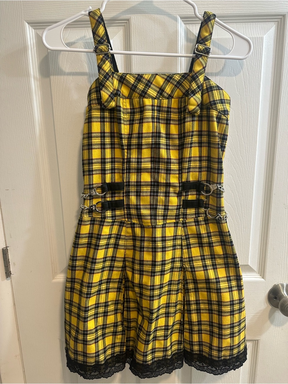 Tripp NYC Yellow and Black Plaid Pinafore Dress with Buckle Details